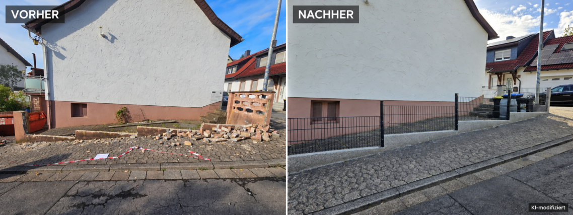 Vorher-Nachher-Vergleich: abgebrochene Grundstücksmauer und erneuerter Mauersockel mit anthrazitfarbenem Doppelstabmattenzaun.