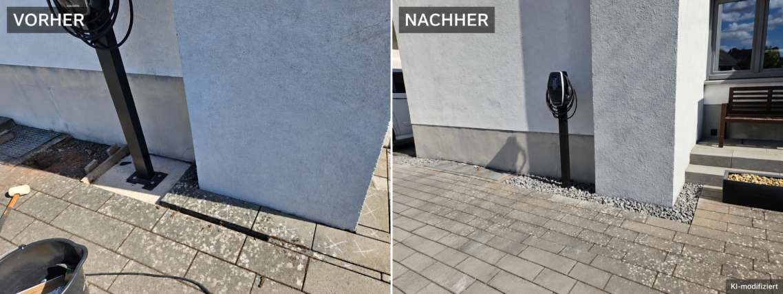 Vorher-Nachher-Vergleich: offener Randbereich an der Hauswand und fertig angelegter Kiesstreifen um eine bestehende Wallbox-Säule.